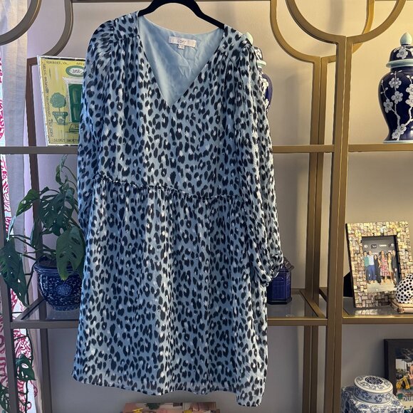 Loft Blue Leopard Print V-Neck swing dress babydoll Size Large - Picture 2 of 5